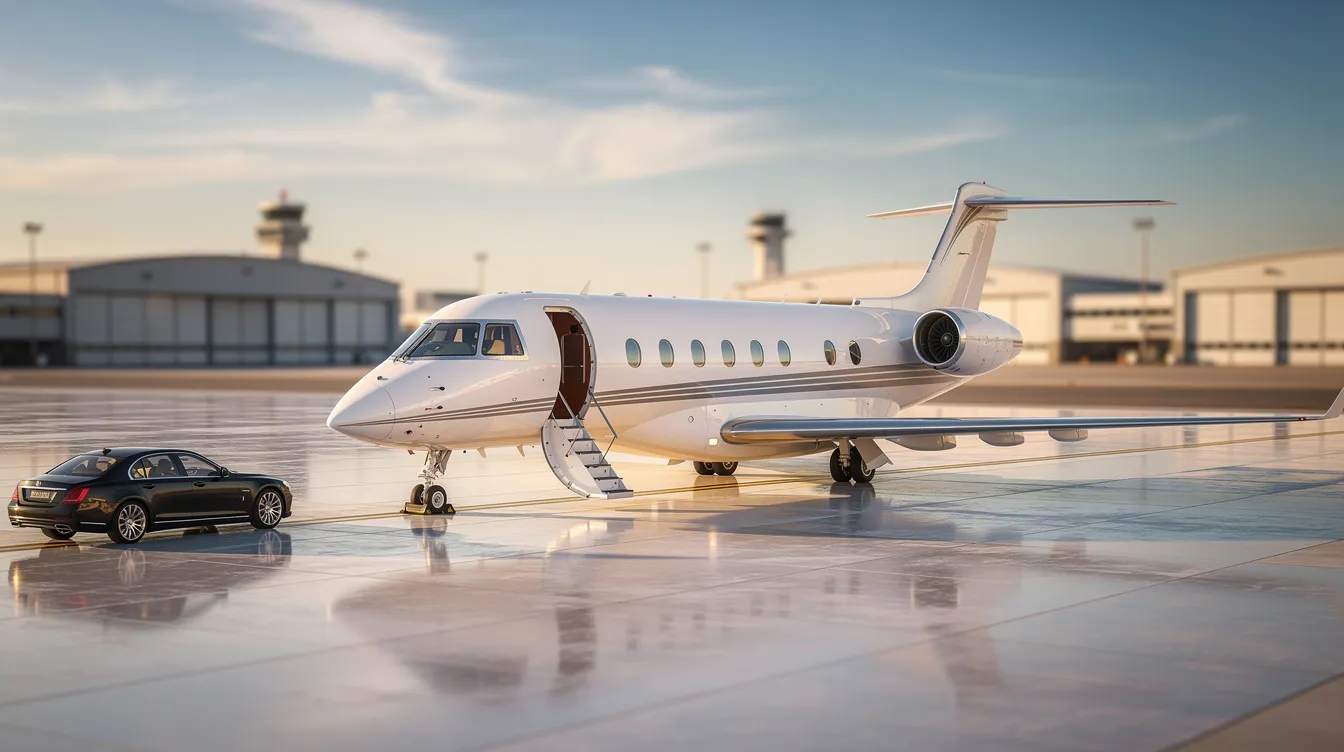 The image depicts a luxurious private jet parked at a private terminal, showcasing the convenience and personalized service of private aviation. This aircraft, ideal for business travelers and leisure trips alike, represents the premium options available in the private jet charter market.