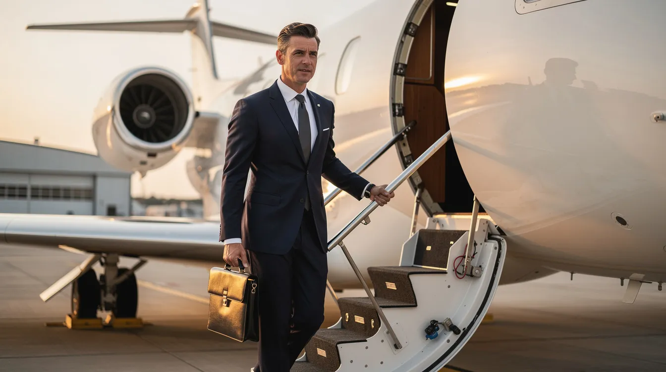 A business executive in a tailored suit is confidently boarding the steps of a private jet, ready for a journey that reflects the premium service and operational excellence of the best private jet management company. The scene captures the essence of private aviation, emphasizing the personalized service and efficiency that discerning travelers can expect.