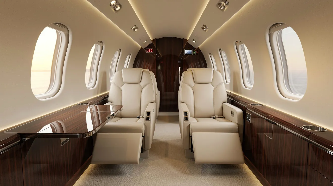 The image showcases the luxurious interior of a modern private jet, featuring elegant cream leather seats and sophisticated wood grain finishes, ideal for discerning travelers seeking comfort and style in private aviation. This setting highlights the premium service and operational excellence associated with top aircraft management companies in the private jet charter market.