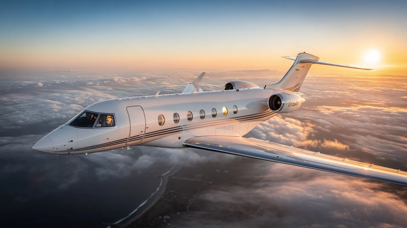 The image depicts a sleek private jet parked at a private terminal, showcasing the luxury and convenience of private aviation. It highlights the personalized service and flexibility of private flights, catering to clients seeking efficient travel options to various destinations around the world.