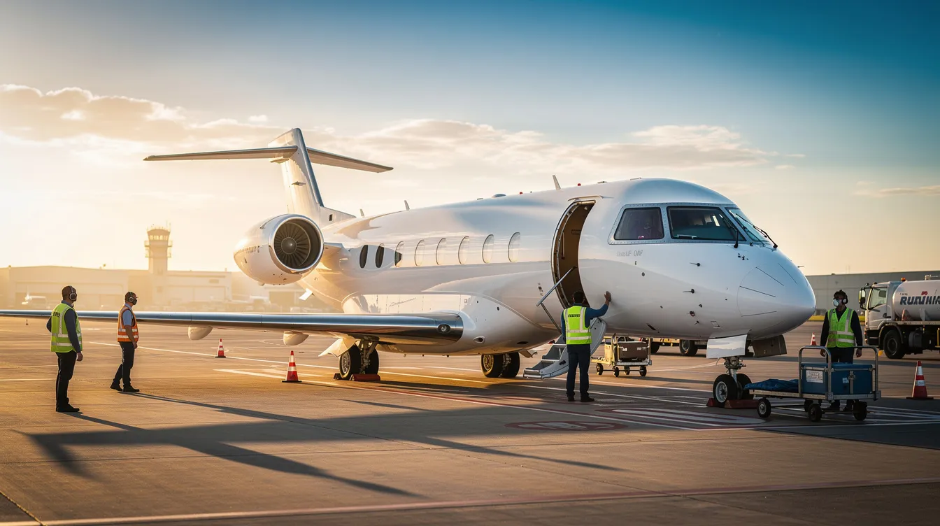 A sleek white private jet is parked on a sunlit airport tarmac, with ground crew members attending to its maintenance nearby. This scene captures the essence of private aviation, showcasing the convenience and personalized service associated with private flights.