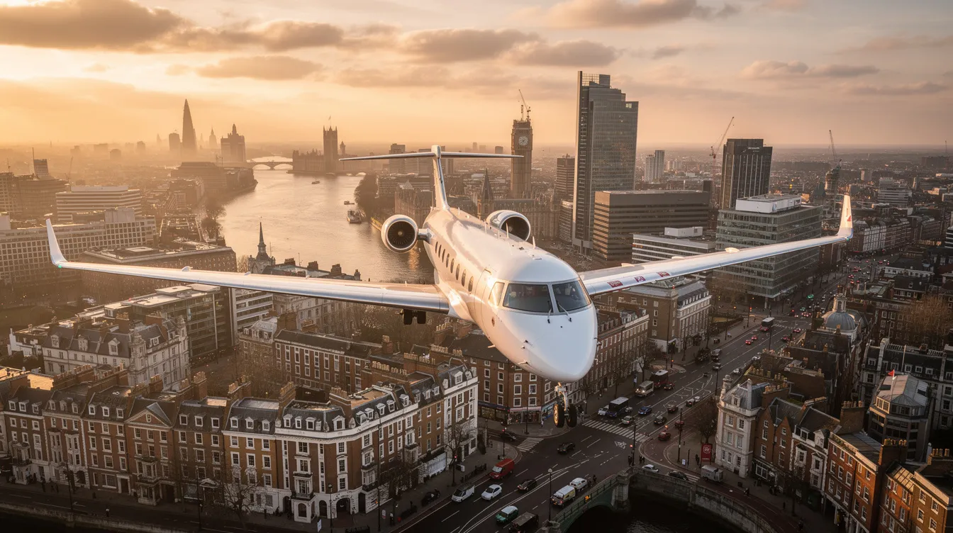 A sleek private jet is parked on a runway in a bustling city in England, showcasing the elegance of aviation. This image highlights the versatility of private aircraft, perfect for buyers exploring options in the UK market for aircraft for sale.