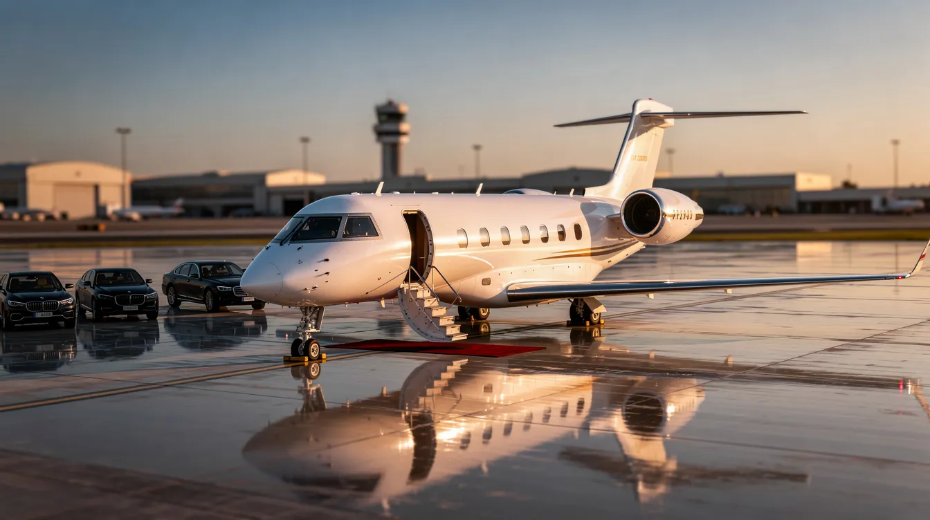 The image depicts a sleek private jet parked on a tarmac, showcasing the luxury and efficiency of private aviation. This aircraft represents the premium travel experience offered to private clients, highlighting the benefits of charter flights and fractional ownership in the industry.