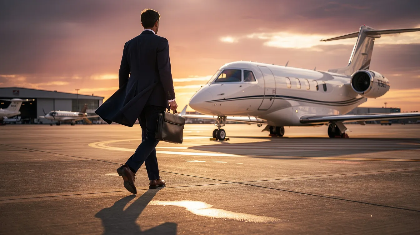 An executive confidently walks toward a private jet on the airport tarmac as the sun sets, highlighting the elegance of private aviation. This scene encapsulates the premium travel experience offered by private jets, emphasizing the efficiency and flexibility that such aircraft provide for discerning clients.