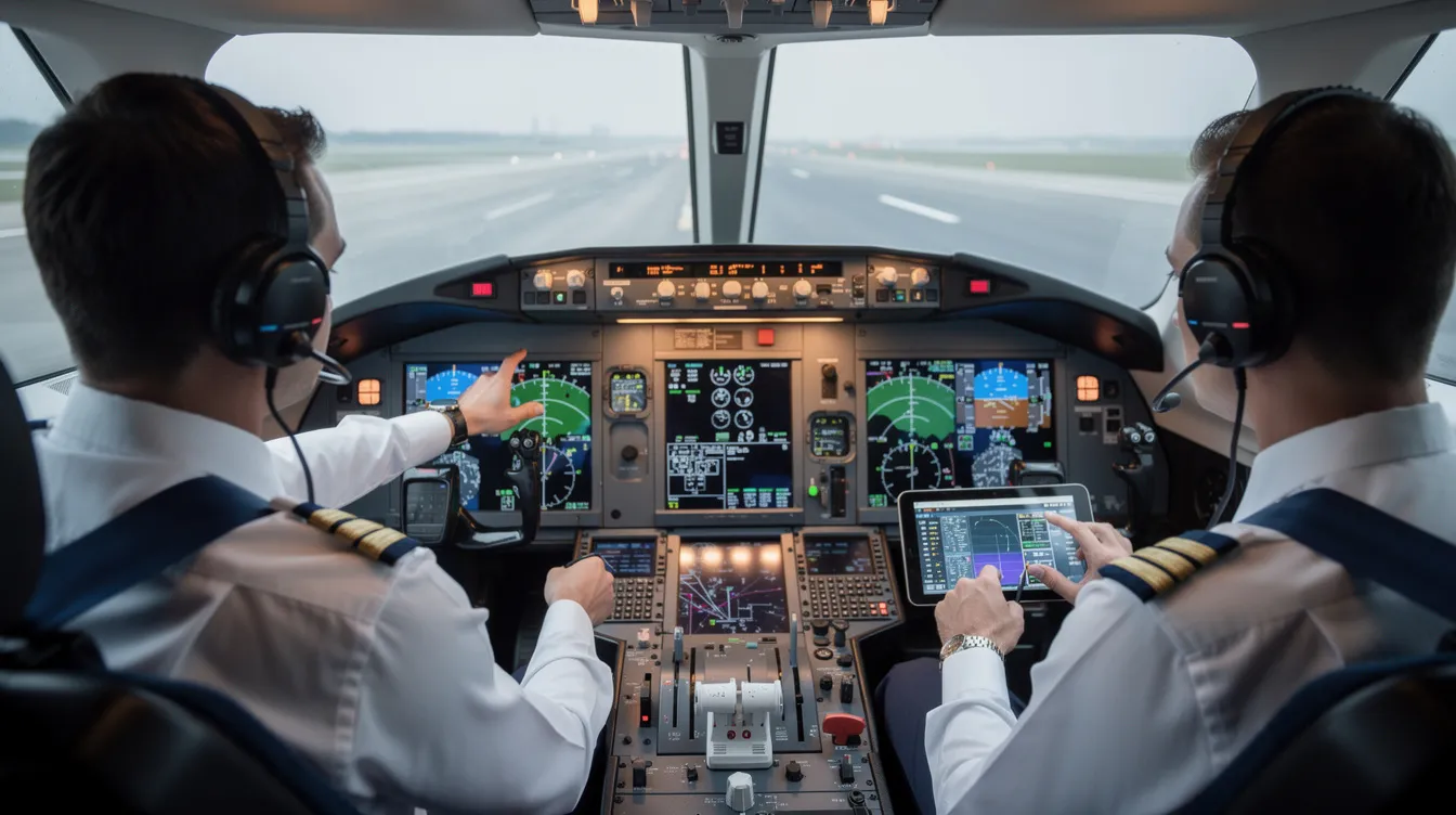 In a modern cockpit, two private jet pilots are intently reviewing flight data on advanced avionics displays, ensuring the highest levels of private jet safety. The cockpit is equipped with innovative safety features like an enhanced flight vision system, emphasizing the paramount importance of pilot situational awareness in aviation.