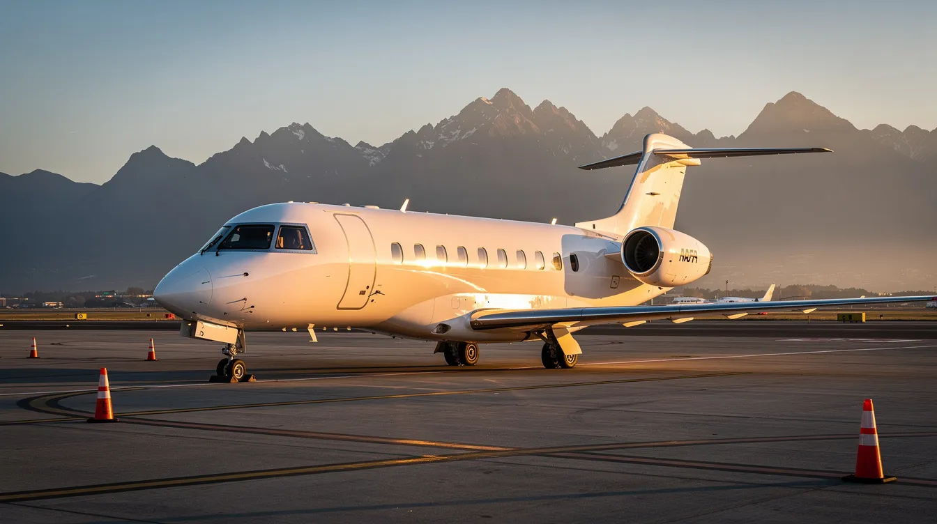 A modern private jet, showcasing sleek design and luxury features, is parked on the tarmac during golden hour, with majestic mountains in the background. This business jet represents the pinnacle of private aviation, ideal for those interested in efficient and comfortable travel, offering ample space for passengers and luggage.