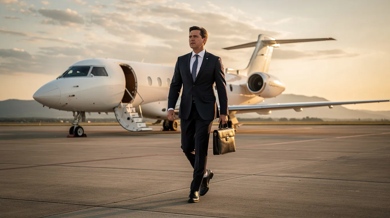 A business executive in a tailored suit confidently walks toward a private jet parked on the tarmac, showcasing the luxury and convenience of private aviation for business travel. The aircraft, likely a model like the Dassault Falcon or Gulfstream, highlights features such as enhanced flight vision systems and spacious living spaces, ideal for efficient and comfortable journeys.