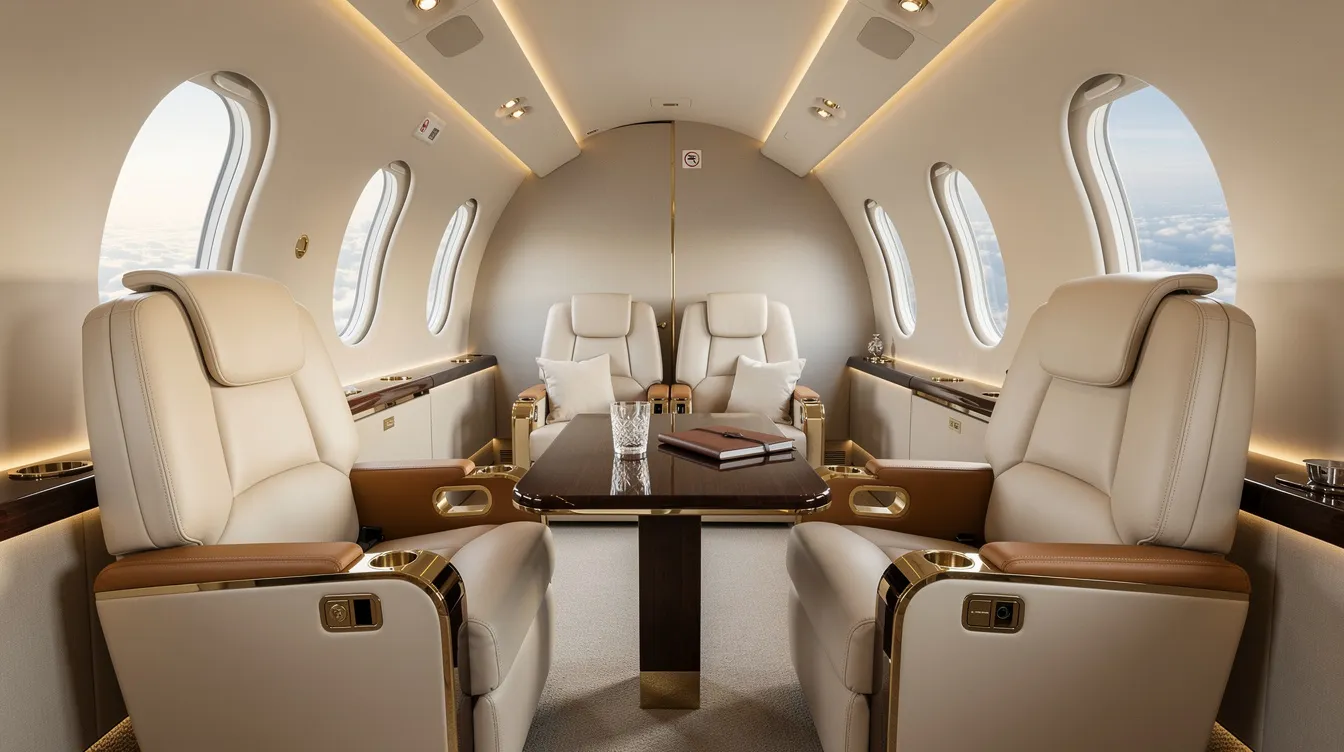The image depicts a luxurious private jet cabin interior featuring plush leather seating and soft ambient lighting, designed to enhance the passenger experience during business travel. This elegant space offers a comfortable environment for relaxation and entertainment, showcasing the high-end amenities characteristic of private aviation.