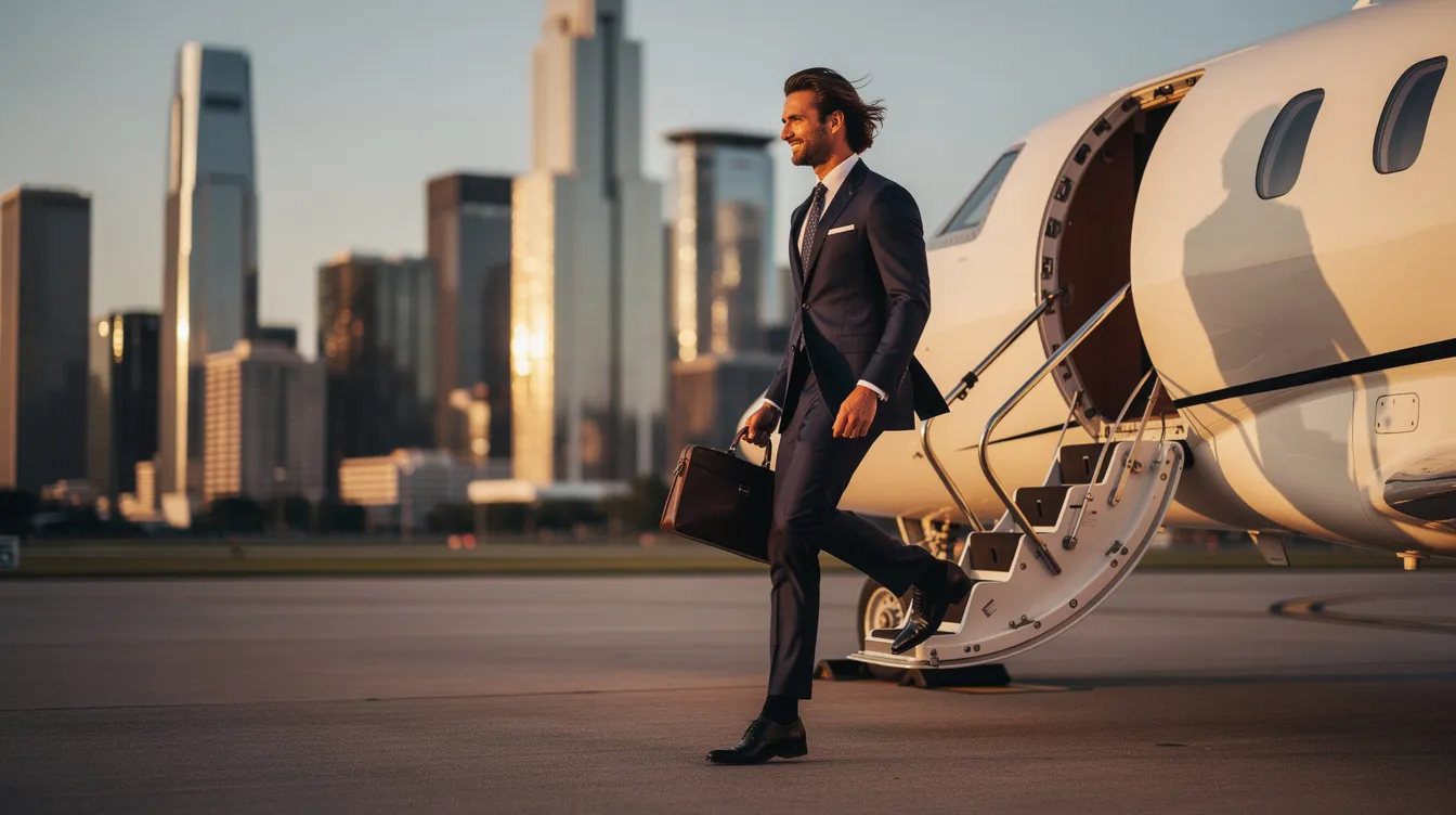 An executive in a tailored business suit confidently boards a private jet, with a bustling city skyline in the background, symbolizing the growth and opportunities in the market. This scene represents the strategic decisions made by companies in the corporate jets sector as they prepare for their next move in business travel.