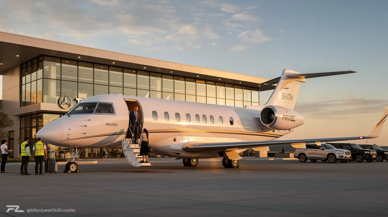 A modern light jet is parked at a private FBO terminal, where business travelers are boarding for their semi-private jet flight. This exclusive and comfortable experience offers a cost-effective alternative to commercial flights, enabling passengers to enjoy personalized service and avoid crowded terminals.