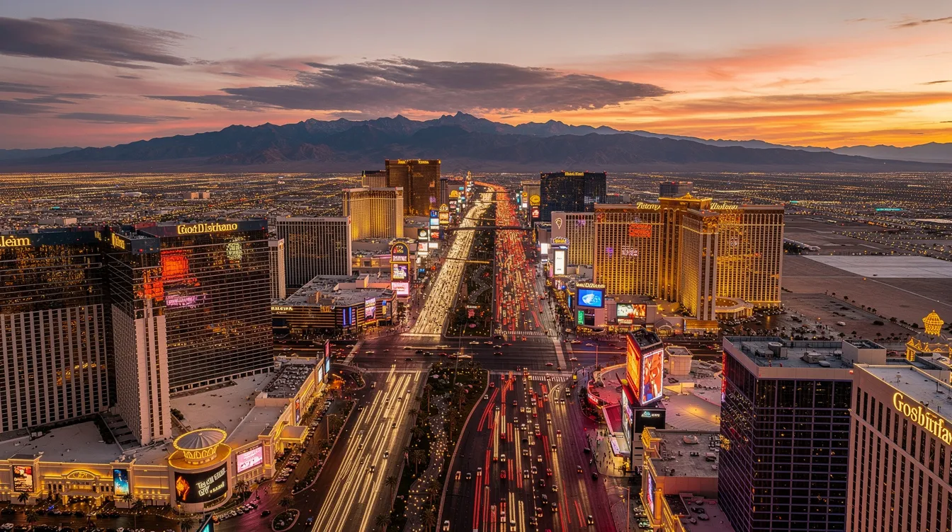 An aerial view of the Las Vegas Strip at sunset showcases the vibrant city lights against a backdrop of majestic mountains, highlighting the allure of this exclusive destination. This scene captures the essence of luxury travel, reminiscent of private jet flights that offer a comfortable and premium service experience compared to commercial flights.
