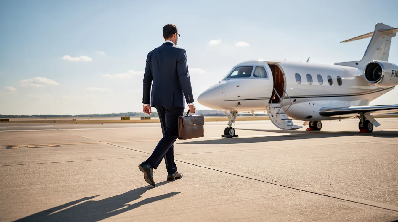 A business executive is confidently walking toward a private jet on a sunny runway, highlighting the luxurious experience of flying private. This scene captures the essence of private aviation, showcasing the exclusive benefits and convenience of private jet membership for frequent flyers.