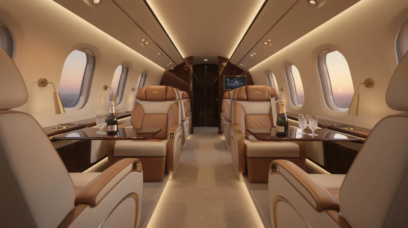 The image depicts the interior of a luxurious private jet cabin, featuring plush leather seats and soft ambient lighting that creates an inviting atmosphere for passengers. This elegant space highlights the exclusive benefits of flying private, offering a comfortable and stylish travel experience.