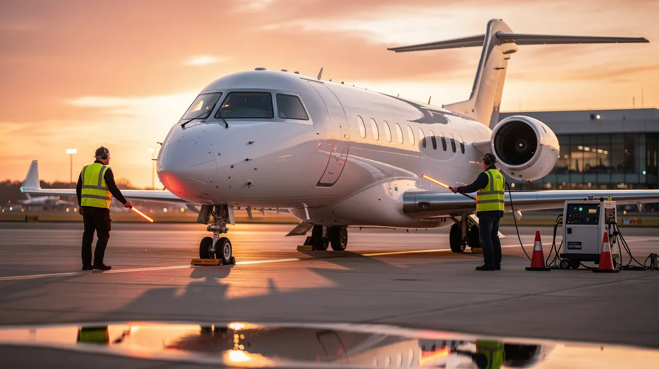 A modern business jet is parked on the airport tarmac during a vibrant sunset, with ground crew members nearby preparing for flight operations. The scene reflects the essence of fractional ownership programs, highlighting the operational control and safety management systems essential for aircraft ownership and compliance with federal aviation administration regulations.