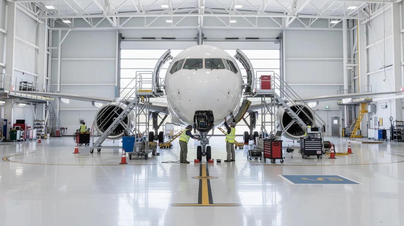 An aircraft is being inspected for maintenance inside a professional aviation hangar, ensuring compliance with federal aviation administration regulations. Technicians are focused on operational safety and adherence to the highest standards for airworthy aircraft, which is essential for fractional ownership programs and flight operations.