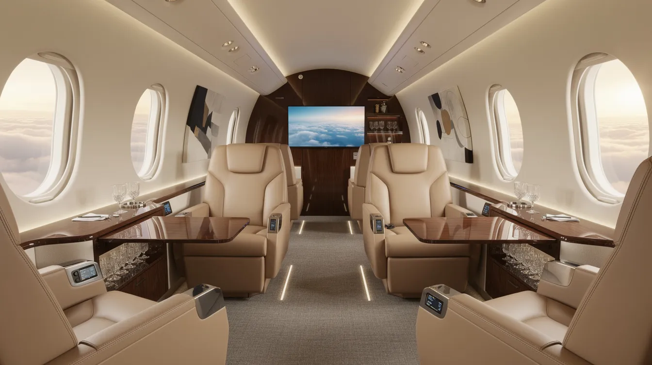 The image depicts an elegant private jet interior featuring luxurious leather seating and modern amenities, designed to provide comfort and style for passengers. This sophisticated space reflects the highest standards of operational safety and compliance with federal aviation regulations.