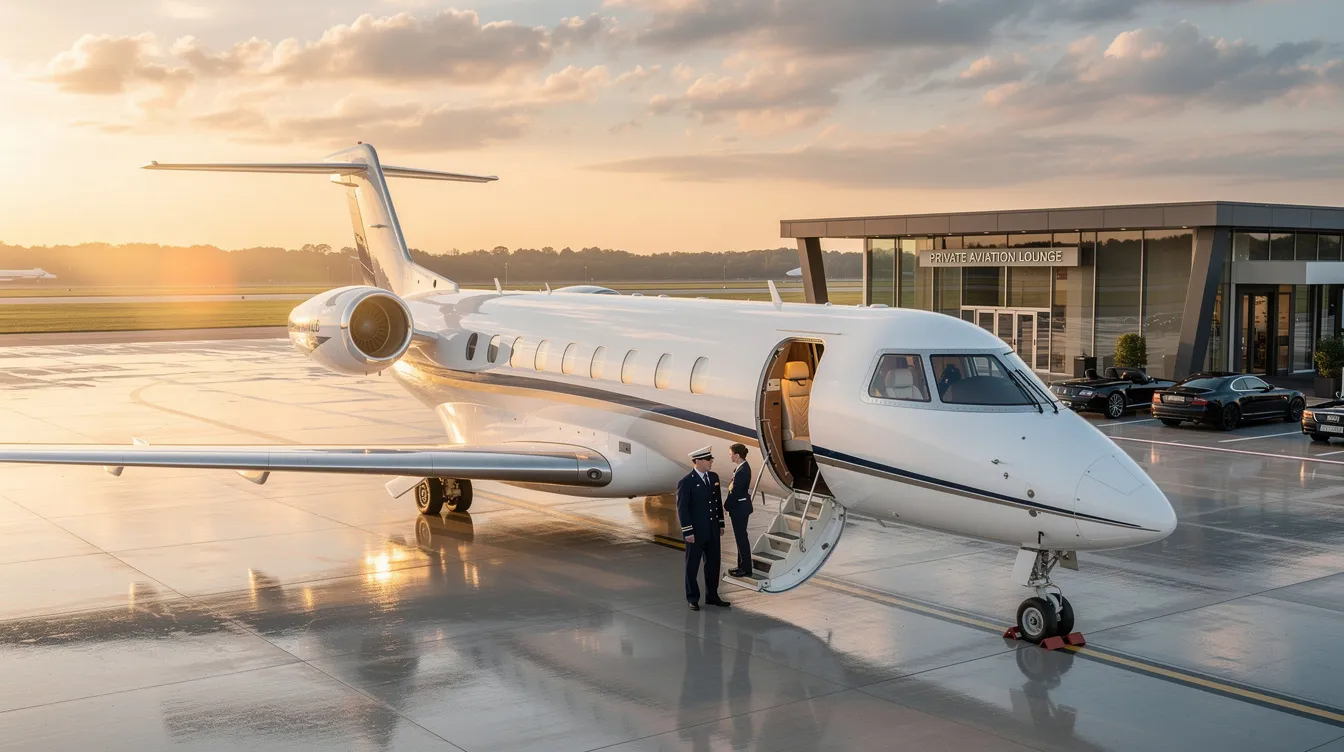 The image depicts a sleek private jet parked at a modern airport, symbolizing the luxury and efficiency of private aviation. This scene highlights the innovative technology and unparalleled expertise of an aviation company within the jet network, serving customers who seek seamless travel solutions.