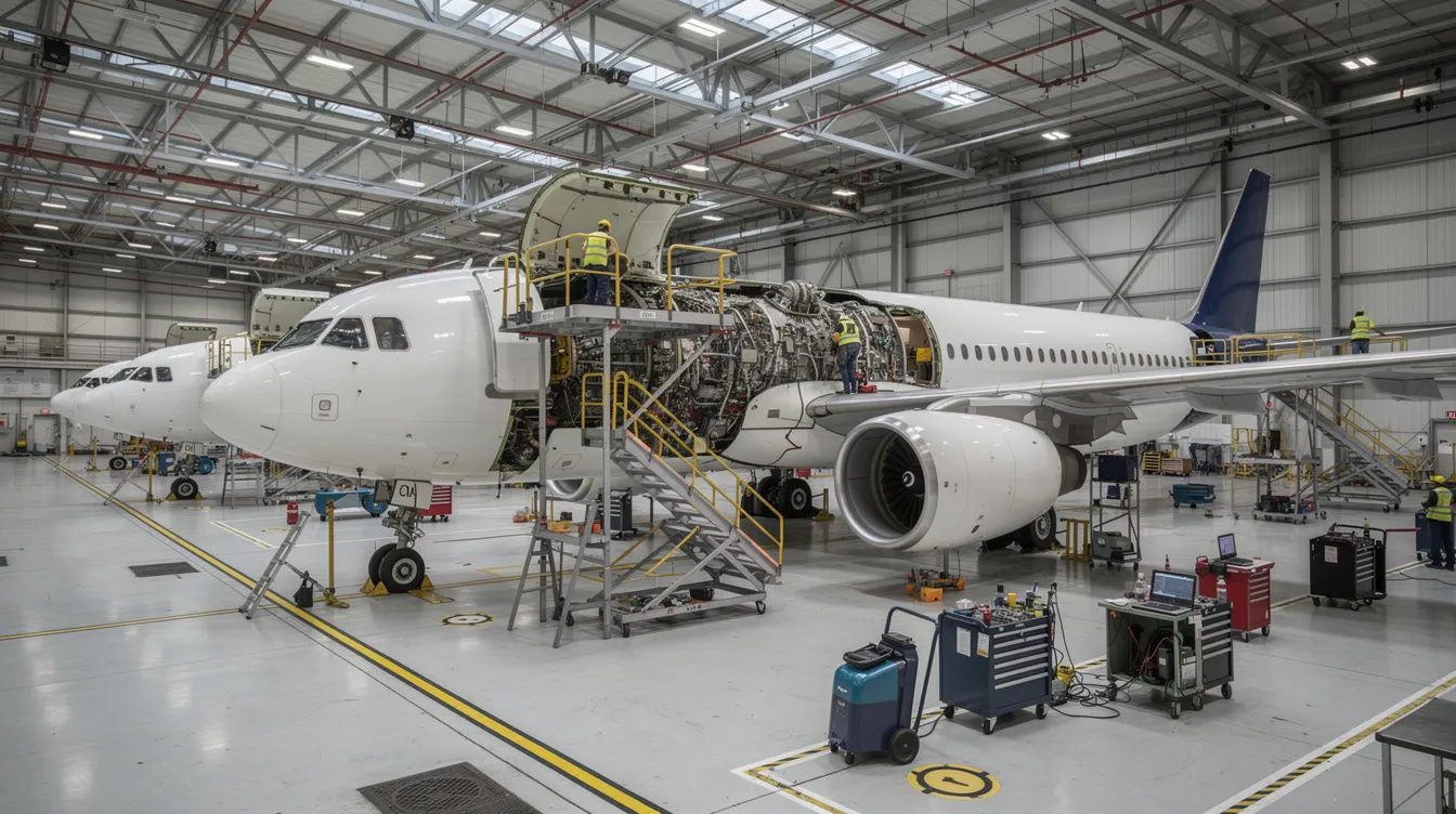 The image depicts a network of jets undergoing maintenance, showcasing various commercial airliners in a well-organized hangar. This scene highlights the aviation company's commitment to innovative technology and sustainable practices in ensuring the safety and efficiency of their aircraft.