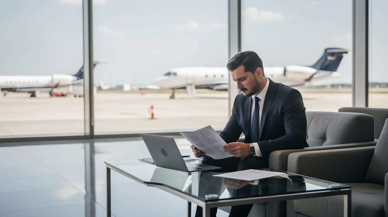A business professional is seated at a table in an airport, reviewing documents while small aircraft, including a Cessna, are visible through the large windows. The scene suggests a focus on partnership agreements and co-ownership options for owning an airplane, highlighting the benefits of fractional ownership in aviation.