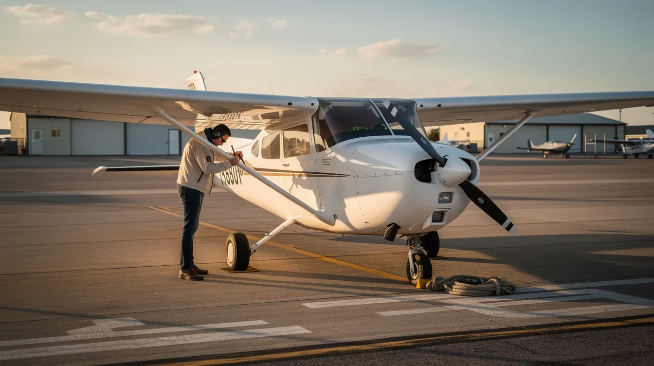 A pilot is conducting a preflight inspection on a white Cessna 172, positioned on the airport ramp, ensuring the aircraft is ready for flying. This process is essential for maintaining safety and operational efficiency, highlighting the importance of thorough maintenance in aviation.