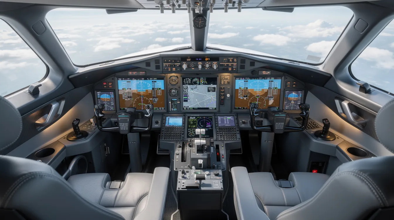 The image shows the interior cockpit of a modern private jet, featuring advanced digital avionics and a sleek design. The cockpit is equipped with various controls and displays, highlighting the sophistication of aircraft management and pilot training in the realm of commercial aviation.