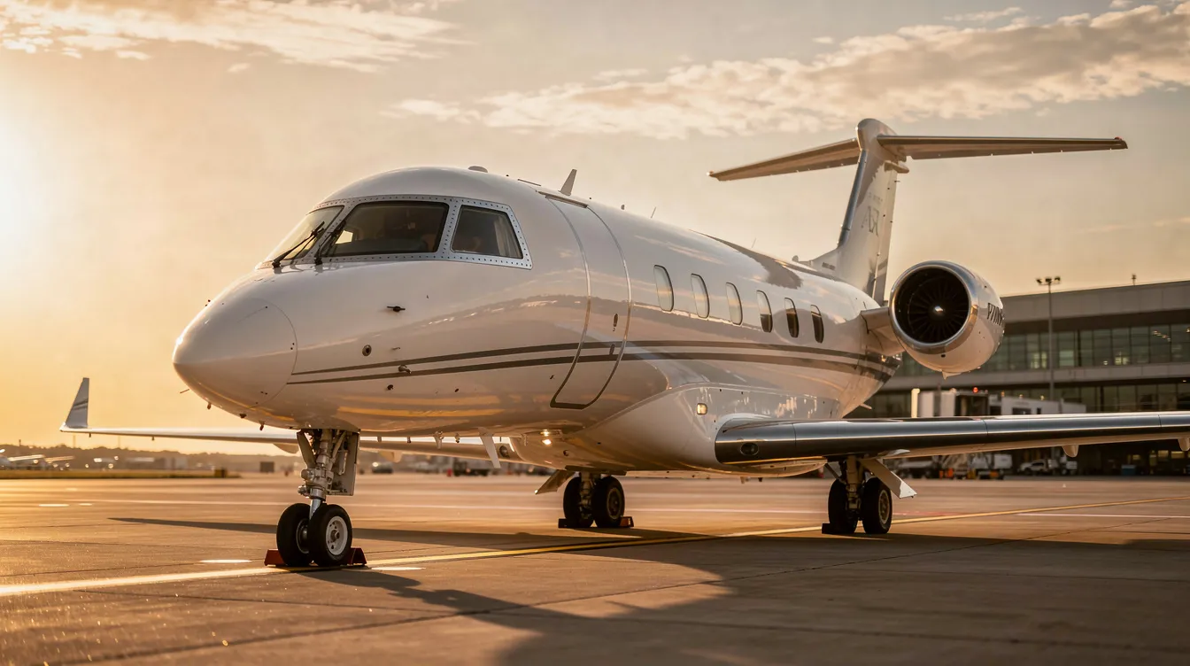 A sleek private jet is parked on the airport tarmac, bathed in the warm glow of golden hour, showcasing its luxurious design and streamlined shape. This aircraft represents the pinnacle of private flying, offering travelers an exclusive and efficient way to access the skies.