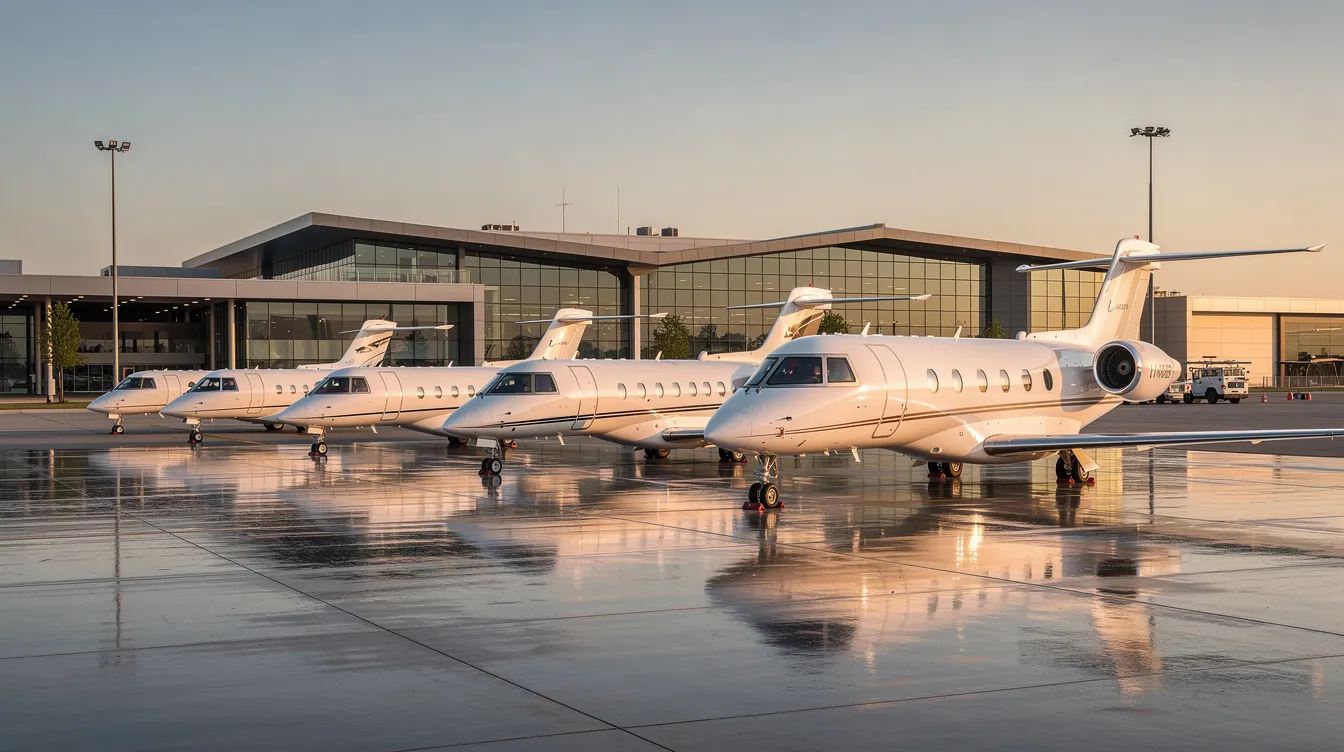 The image shows multiple private jets of varying sizes parked in a row at a modern aviation facility, showcasing the luxurious private jet travel options available for charter flights. This scene highlights the different aircraft types, from light jets to heavy jets, emphasizing the convenience and flexibility of private jet rentals.