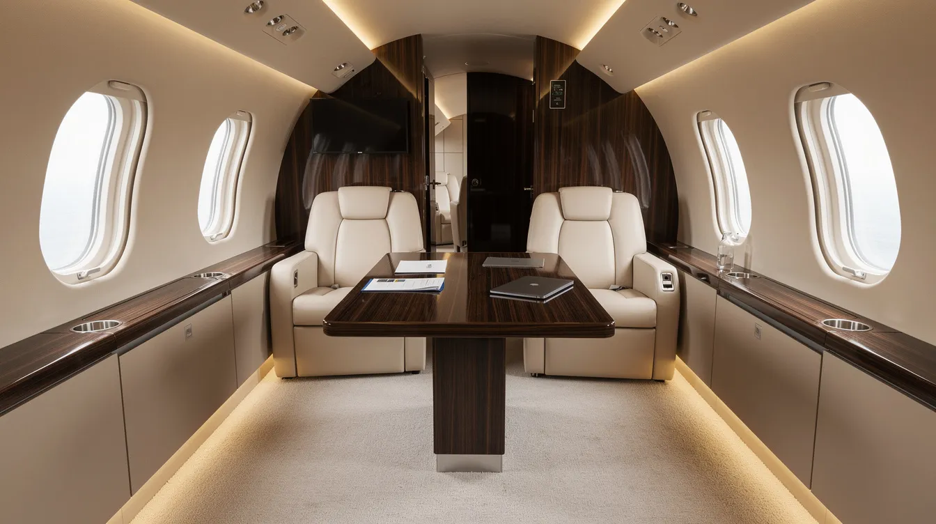 The image showcases a luxurious private jet interior featuring cream leather seats arranged in a club configuration, complemented by a wooden conference table, ideal for private jet travel and meetings in the sky. The elegant design emphasizes comfort and style, making it perfect for both leisure and business purposes.