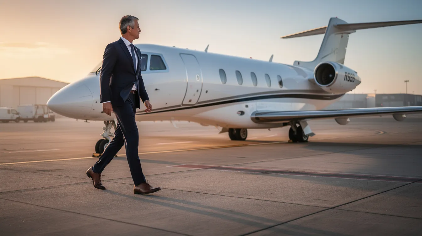 A business executive in a sharp suit strides confidently towards a luxurious private jet on the tarmac, illuminated by the soft glow of early morning light. This scene captures the essence of private jet travel, showcasing the convenience and elegance of flying private.