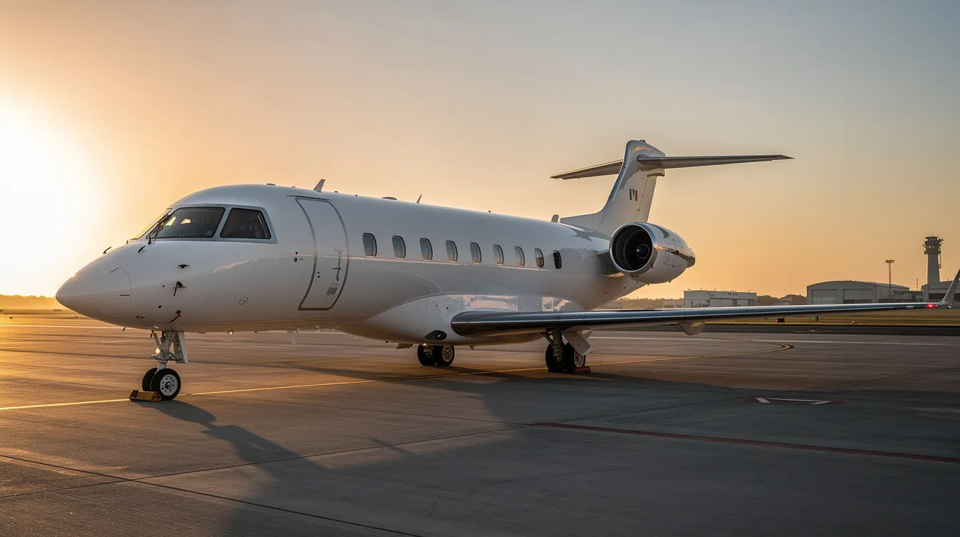 A modern private jet is parked on the airport tarmac during the golden hour of sunset, with a clear sky in the background, showcasing the luxury and convenience of private jet travel. This scene highlights the appeal of private jet charters, offering personalized service and direct access to more airports for business and leisure travelers alike.