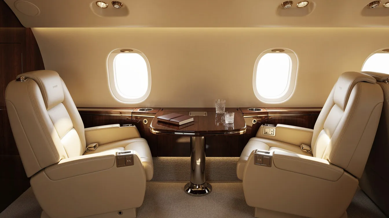 The image shows the interior of a luxury private jet cabin, featuring plush cream leather seats and elegant wooden accents that create a sophisticated atmosphere. This private jet travel experience offers business travelers and leisure travelers alike a comfortable and stylish environment for their journeys.