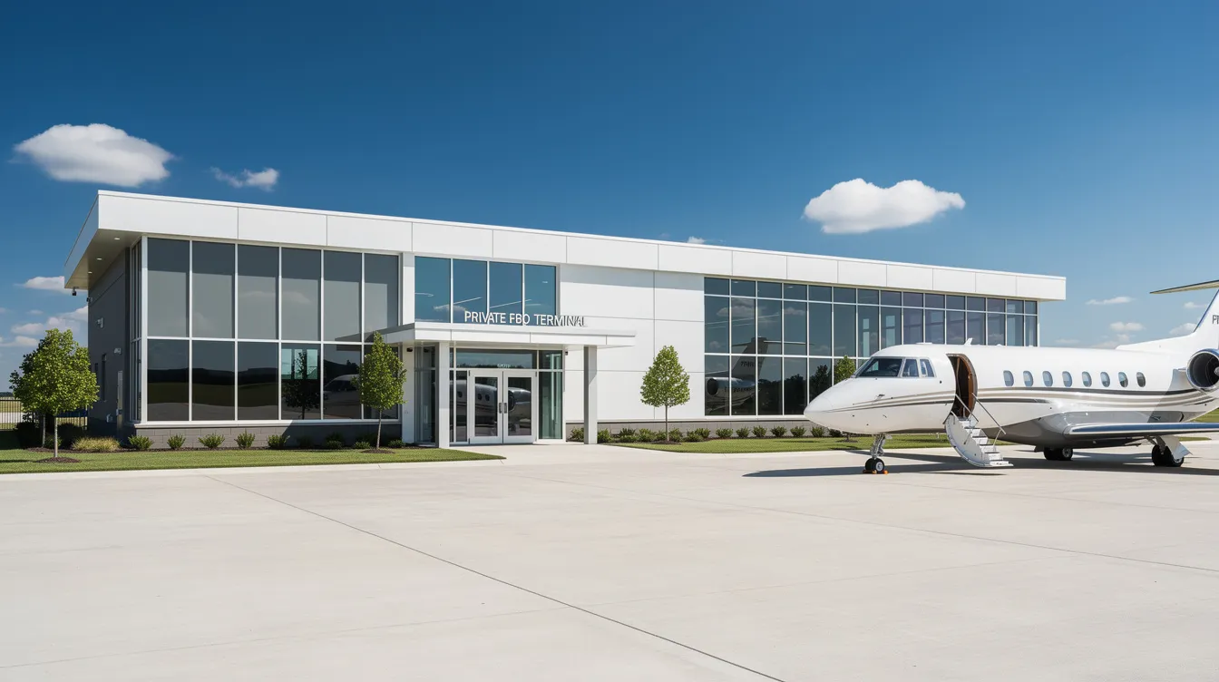 The image depicts the exterior of a private FBO terminal building on a sunny day, with a small private jet parked nearby, showcasing the luxury and convenience of private jet travel. This scene highlights the benefits of private aviation, including direct access and personalized service for business travelers and leisure trips alike.