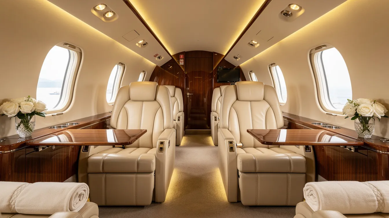 The image shows the interior of a luxury private jet cabin, featuring cream leather seating and elegant wood veneer finishes, all illuminated by soft ambient lighting. This sophisticated space is designed for maximum comfort, catering to discerning travelers with its advanced entertainment systems and fully equipped galley.