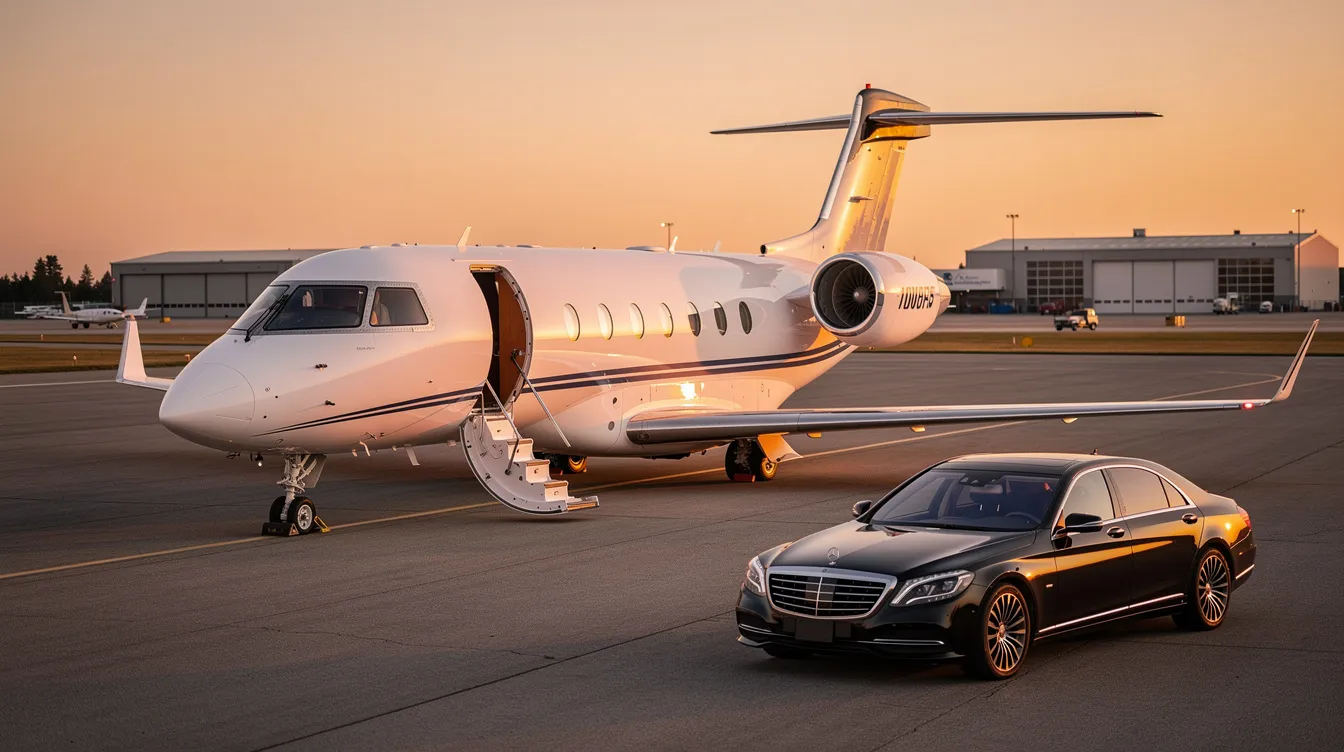 The image showcases a luxurious private jet interior designed for discerning travelers, featuring customizable interiors, a fully equipped galley, and advanced entertainment systems. The cabin offers maximum comfort with spacious seating for eight passengers, ideal for long haul flights and intercontinental travel.