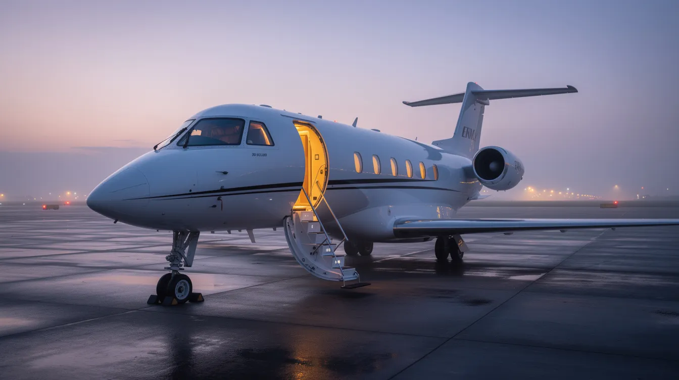 A luxurious private jet is parked on the tarmac at dusk, with its stairs extended and warm interior lighting illuminating the spacious cabin. This opulent aircraft, designed for discerning travelers, showcases plush seating and a fully equipped galley, offering the ultimate comfort for those embarking on luxury private jet travel.