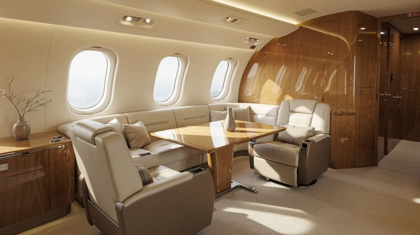 The image showcases an elegant private jet interior featuring plush leather seating arranged in a spacious cabin, complemented by natural wood finishes and ambient lighting that enhances the luxurious atmosphere. This opulent private jet is designed for discerning travelers, offering a perfect blend of comfort and style for luxury private jet travel.