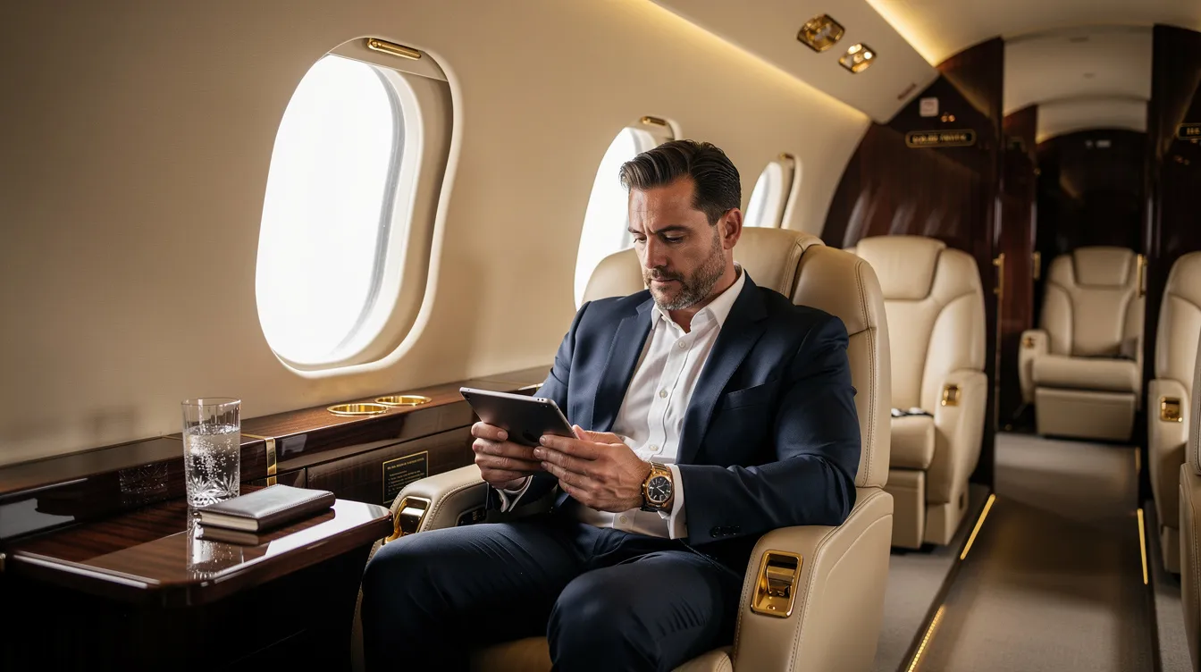 A CEO sits comfortably inside a luxurious private jet, engrossed in reading an article on his tablet, surrounded by elegant furnishings that reflect the high standards of executive air travel. The interior showcases a sophisticated design, ensuring both comfort and convenience during the flight, as the jet soars through the sky.