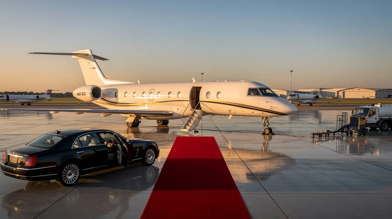The image depicts a sleek executive jet parked at a private aviation hub, showcasing the convenience and comfort of private flights. The scene emphasizes the team's expertise in providing safe and ready service tailored to meet the needs of travelers, with a clear blue sky in the background.