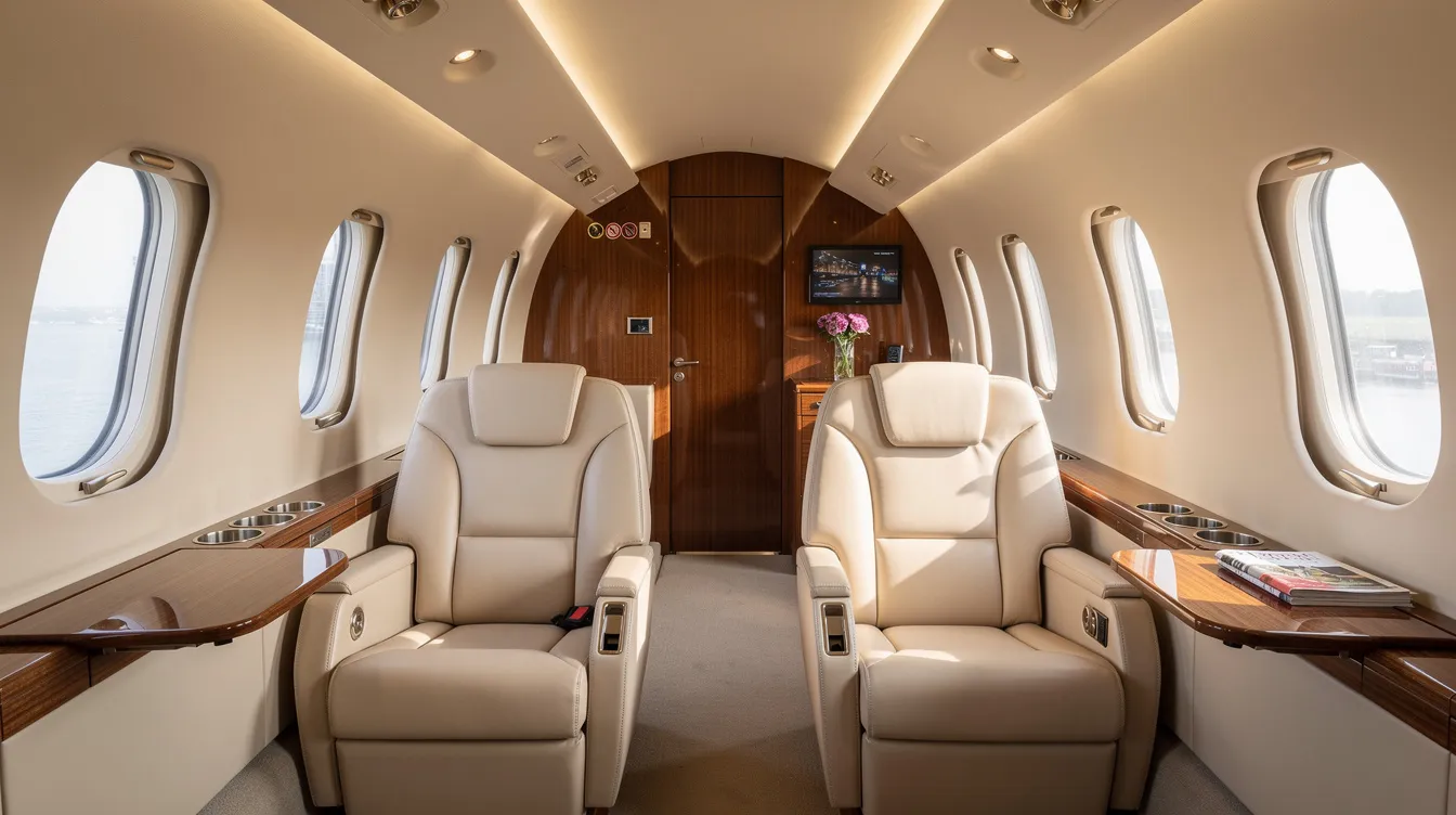 The image depicts the interior of a midsize private jet featuring cream leather seats and elegant wood trim, designed for comfort and luxury in private aviation. This sophisticated space is ideal for discerning travelers looking to enjoy private jet travel with guaranteed access and tailored solutions from private jet companies.