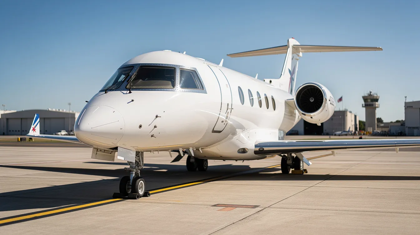 A sleek white private jet is parked on a sunny airport tarmac, showcasing the luxury of private aviation. This aircraft represents the high standards of private jet companies, offering guaranteed access and tailored solutions for discerning travelers.