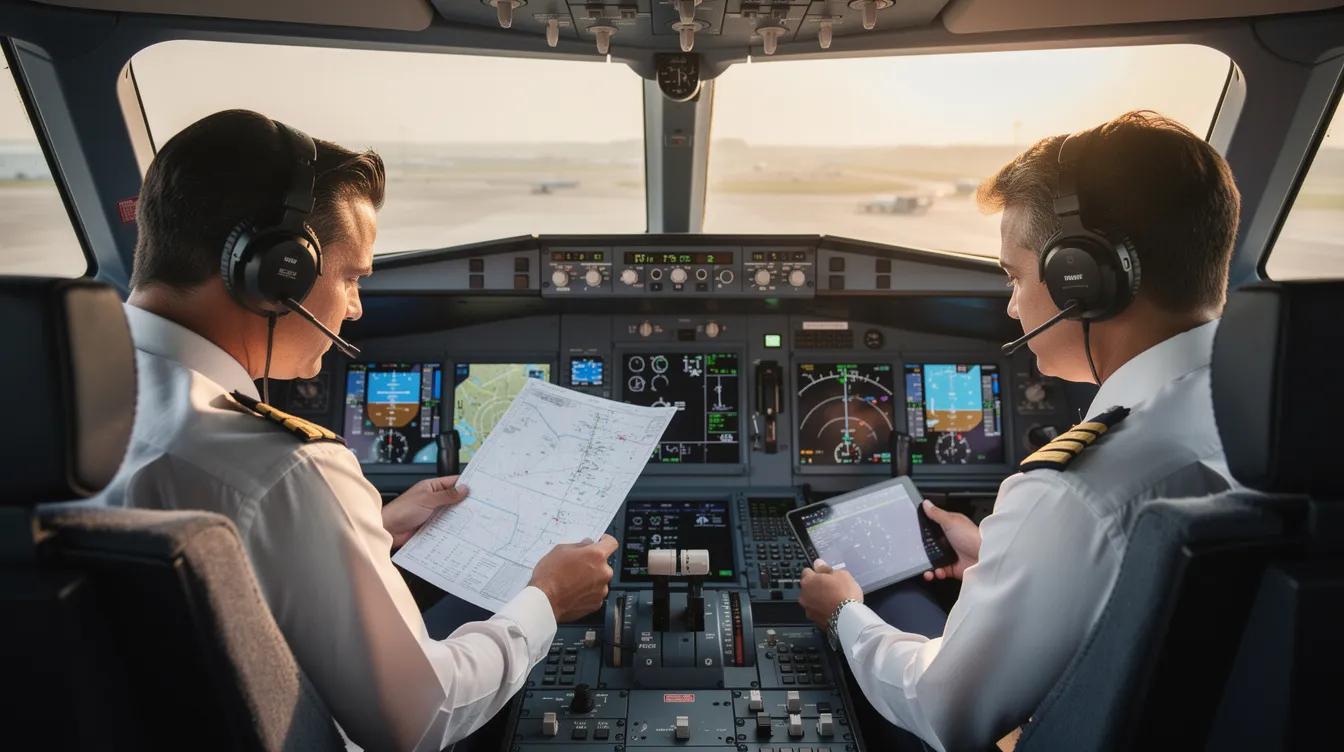 In a modern aircraft cockpit, two professional pilots are intently reviewing flight plans, surrounded by advanced navigation instruments and displays. Their focus on the details reflects the precision required in private aviation, ensuring a safe and efficient journey for their upcoming private flight.