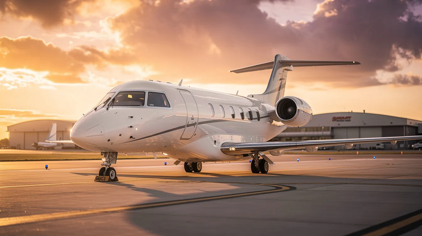 A sleek light jet is parked on a private airport tarmac, bathed in the warm hues of sunset, highlighting its modern design and polished exterior. This image captures the essence of private aviation, reflecting the luxury and exclusivity associated with private jet card programs.