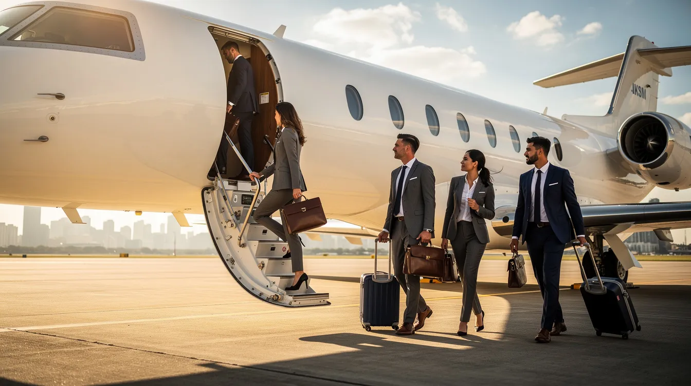 A group of business professionals is boarding a private jet on the tarmac, ready for their private jet flight. This scene captures the essence of private aviation, showcasing the convenience and luxury of chartering a private jet for business and leisure travel.
