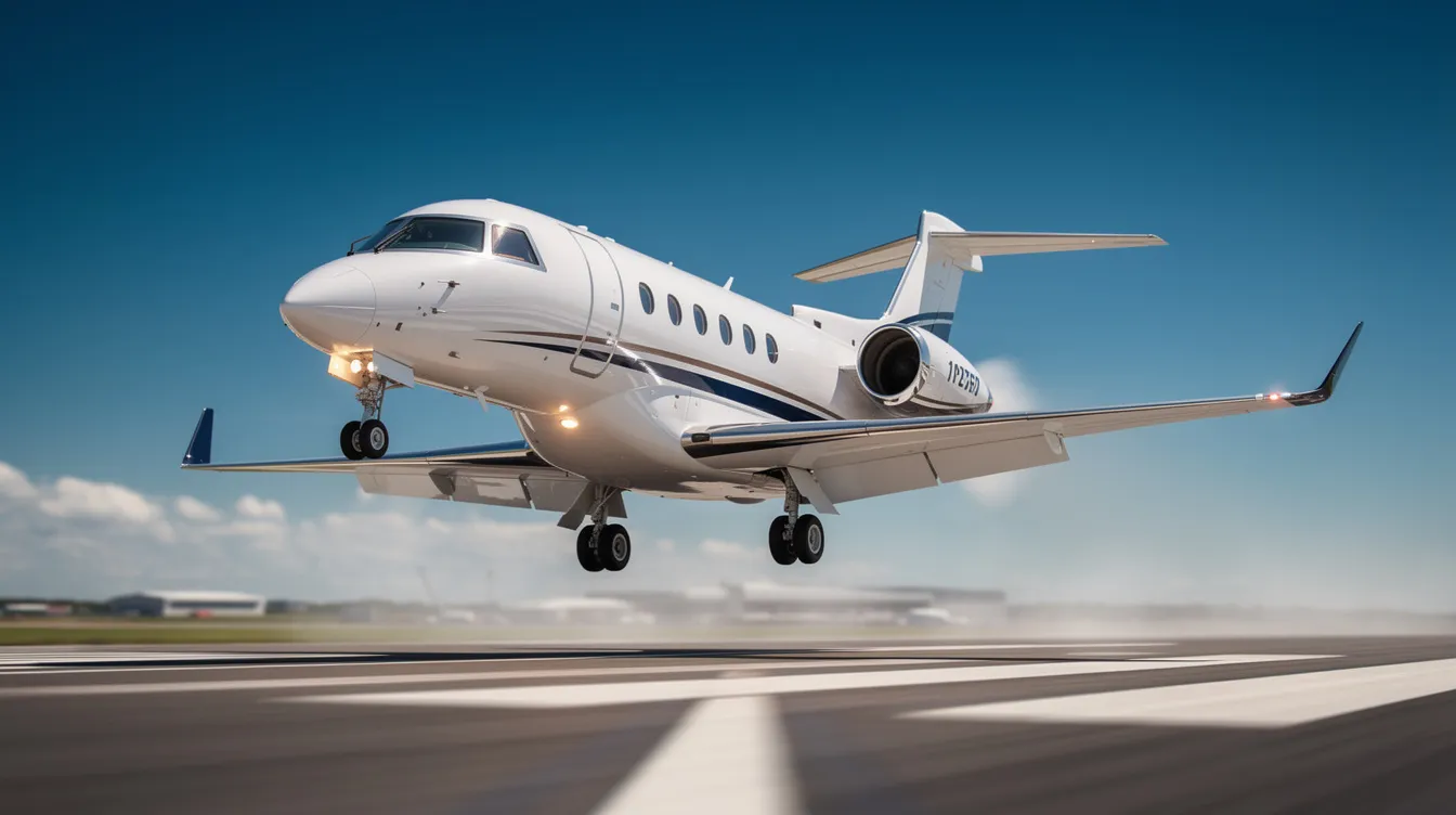 A small private jet is taking off from a runway against a backdrop of a clear blue sky, showcasing the elegance of private aviation. This image highlights the convenience of private jet travel, often sought after for its efficiency compared to commercial flights.