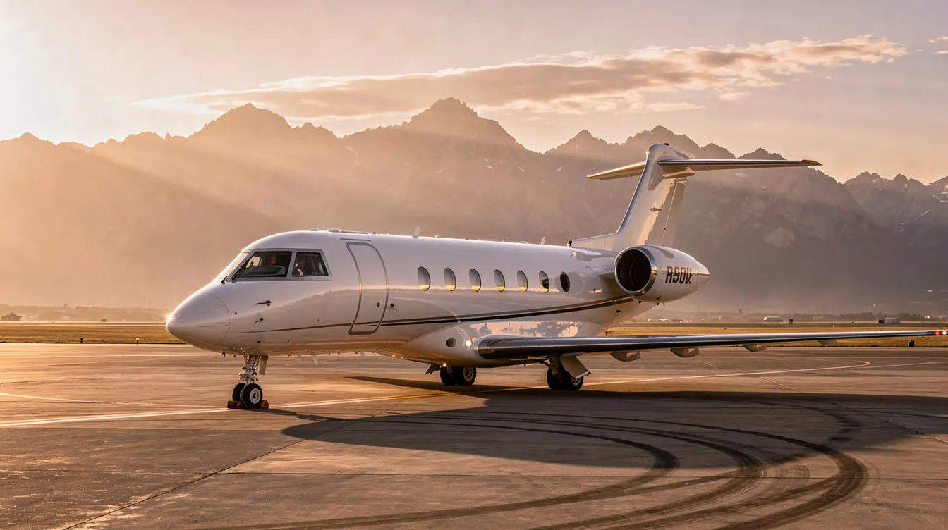 A sleek private jet is parked on the airport tarmac during golden hour, casting a warm glow against the backdrop of majestic mountains. This scene captures the essence of private aviation, highlighting the luxury and convenience of chartering a private jet for business or leisure travel.