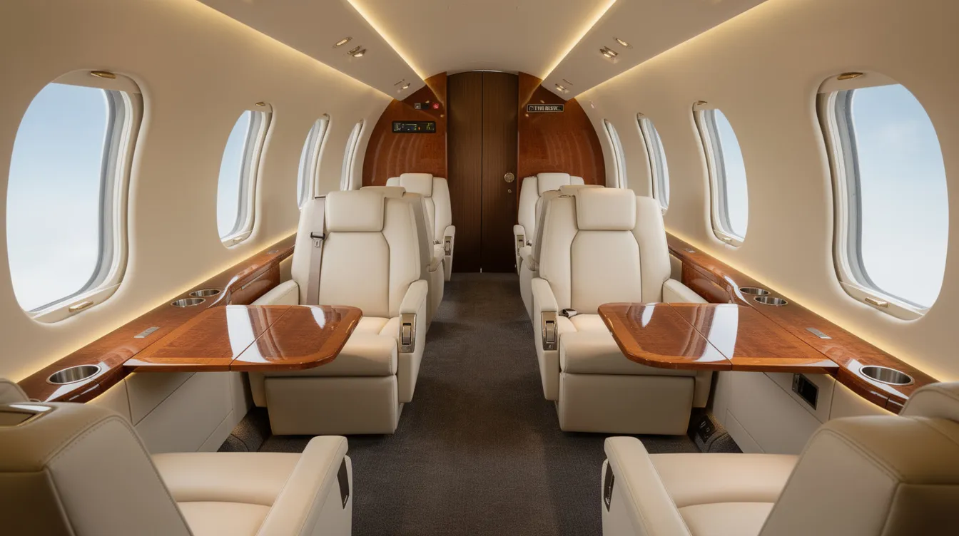 The image shows the interior of a super midsize jet cabin, featuring plush leather seating and elegant wood accents, designed for ultimate comfort during private jet travel. This luxurious space exemplifies the high standards of private jet charter services, perfect for those seeking a premium flying experience.