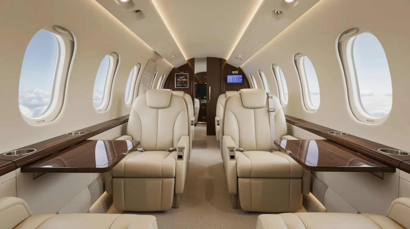 The image depicts the luxurious interior of a midsize business jet, featuring plush leather seating and elegant wood accents, ideal for private jet travel. This sophisticated space reflects the high standards of the private jet industry, where comfort and style are paramount for passengers during their flight.