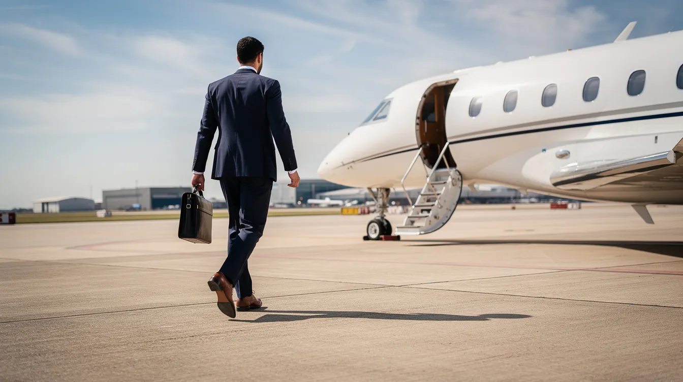 A business professional in a tailored suit is confidently walking towards a sleek private jet on a sunny day, symbolizing the luxury and convenience of private jet travel. This scene highlights the appeal of charter flights and the private jet industry, where individuals can estimate costs for a seamless flying experience.