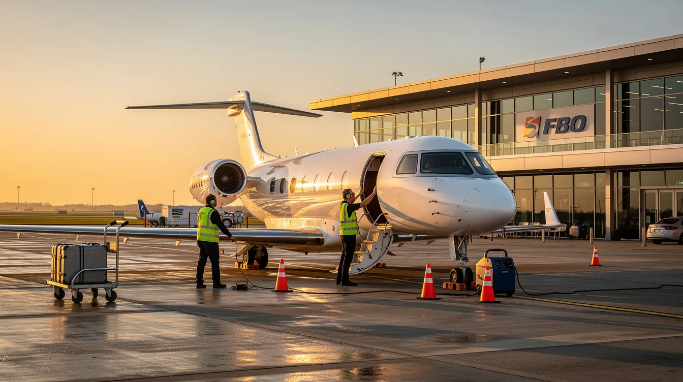 A sleek private jet is parked at a Fixed Base Operator (FBO) terminal, with ground crew members busy preparing for its departure. This scene captures the essence of private jet travel, highlighting the meticulous attention to detail involved in charter flight operations.