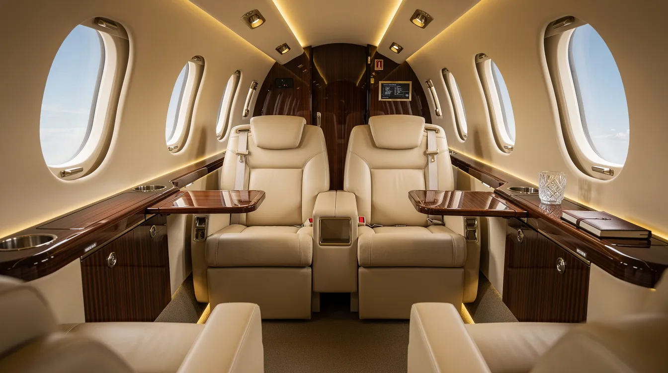 The image showcases a luxurious private jet interior featuring plush cream leather seats complemented by elegant wood accents, creating a sophisticated atmosphere ideal for private travel. This opulent setting exemplifies the allure of private jets in the business aviation market, appealing to serious buyers seeking comfort and style.
